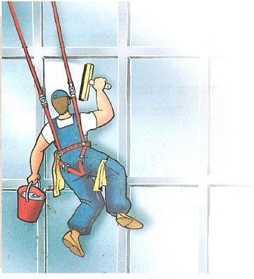 (בספר ציור של איש מנקה חלונות בניין מבחוץ)